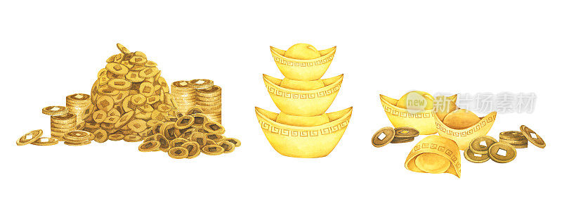 一套金币和中国金锭。黄金的钱。水彩插图。