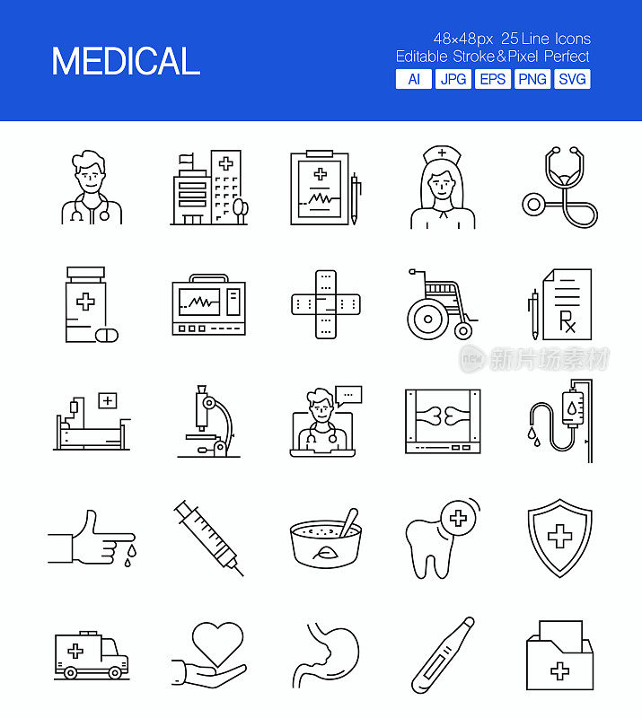 医疗细线矢量图标集。设计是可编辑的，颜色可以改变。矢量创意图标集:医生，医疗记录，重症监护，医疗记录，心电图，护士