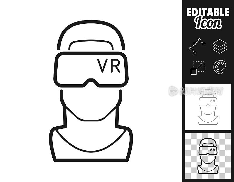 戴着VR头盔的人-虚拟现实。图标设计。轻松地编辑