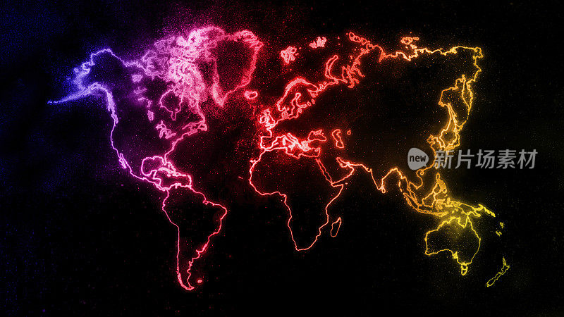 彩色世界地图在黑暗的背景，彩色发光世界地图