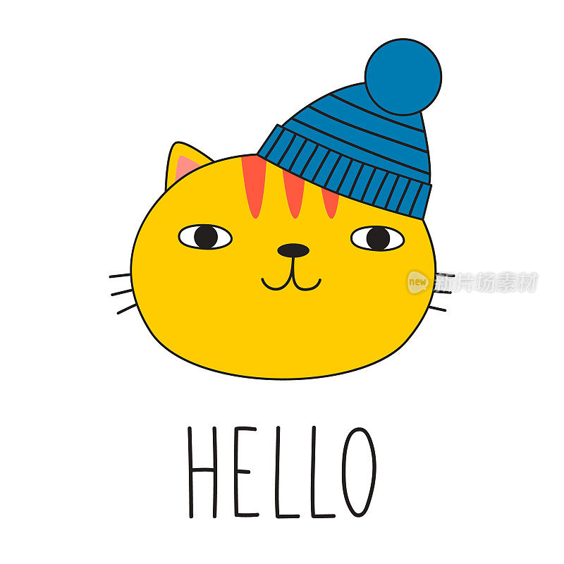 可爱的猫戴着冬天的帽子，写着HELLO。涂鸦风格。矢量图
