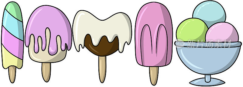 一套卡通风格的各种冰淇淋，冰凉美味的甜点