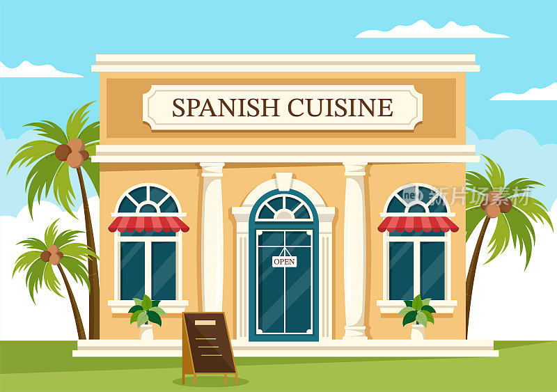 西班牙菜菜单餐厅与各种传统菜肴食谱在平面卡通手绘模板插图