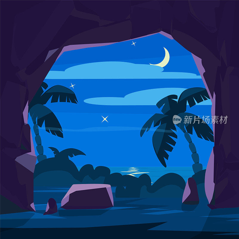 热带夜景与视野从洞穴上的棕榈树，平坦矢量插图。