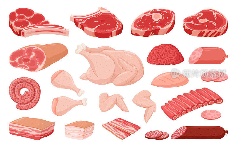 卡通肉，鸡胸肉，排骨，猪肉和牛排。生肉食品，培根，汉堡肉饼，牛排和香肠平面矢量插图集合。肉店肉制品