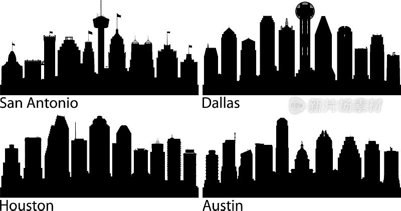 德克萨斯城市:圣安东尼奥、达拉斯、休斯顿和奥斯顿(所有建筑都是完整的和可移动的)