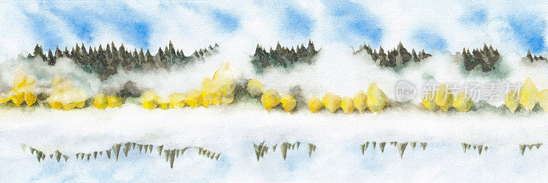 秋季自然景观。雾中的黄色和绿色的树，蓝色的天空和湖泊或河流。艺术自然背景。纹理纸上的水彩画。