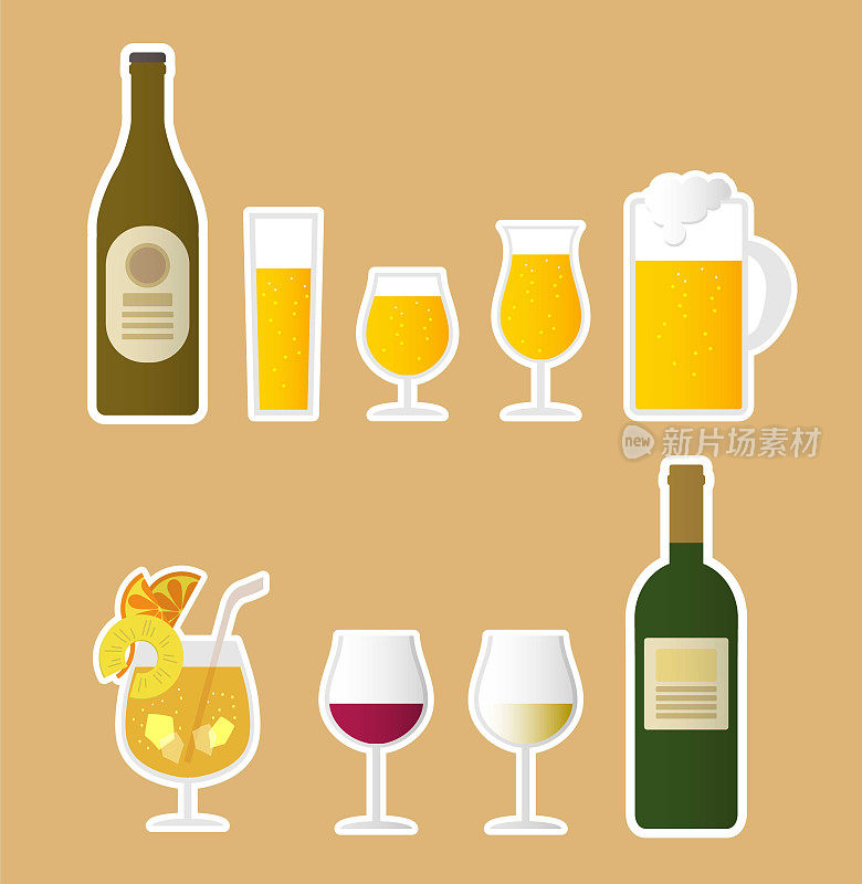 啤酒和葡萄酒饮料图标集工艺背景与白色边界