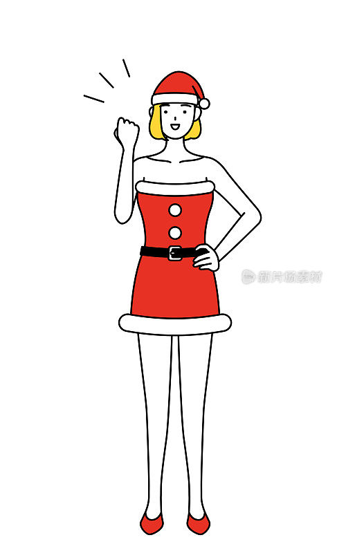 简单的线条插画，一个女人打扮成圣诞老人的姿势和胆量。
