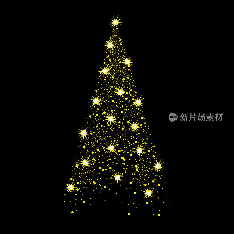 圣诞节。圣诞树的颜色。黄色灯泡在黑色背景上的圆锥体形式的矢量图像。孤立的画