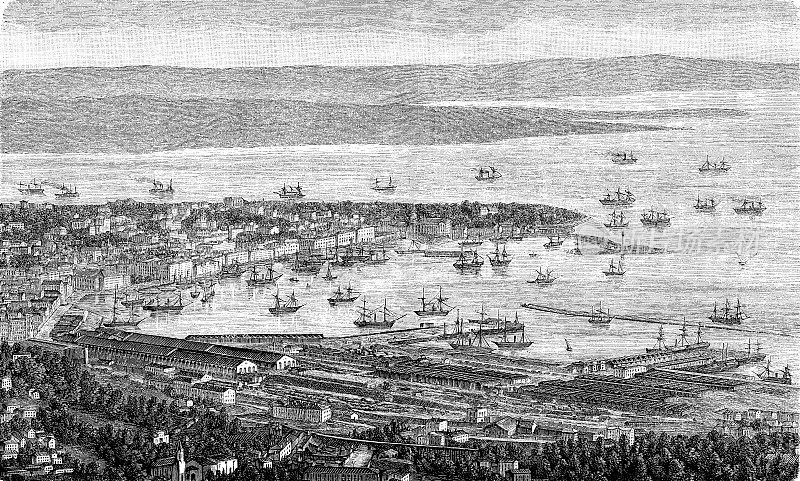 亚得里亚海上的里雅斯特港全景，码头商业区和19世纪的城市景观