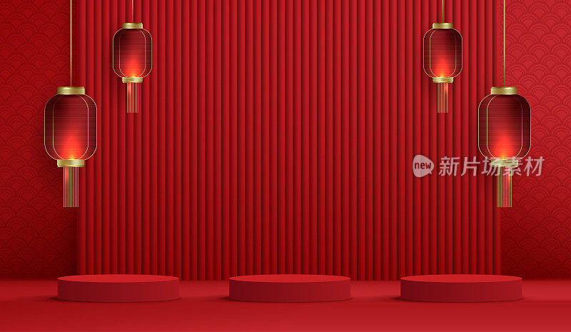 讲台中国风格的中国新年和节日或中秋节与红色的背景。用喜庆的灯笼和云朵模拟舞台。矢量设计。