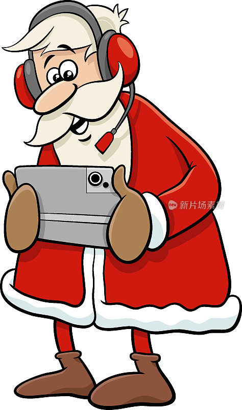 卡通圣诞老人带着平板电脑和耳机