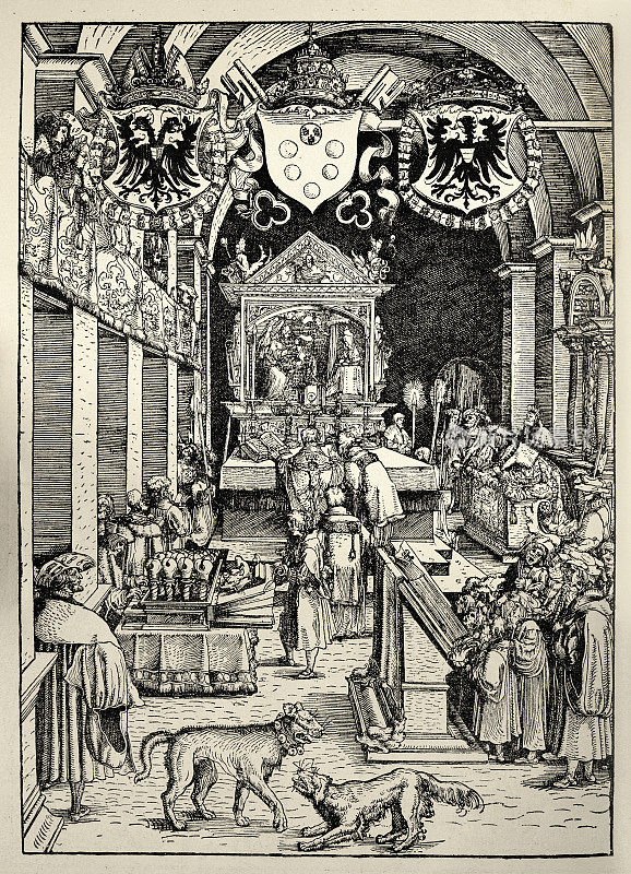 皇帝马克西米利安一世聆听由汉斯・伯克梅尔创作的大弥撒，这是16世纪德国木刻艺术