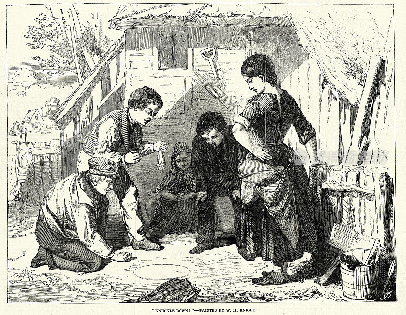 19世纪，一群男孩在玩弹珠游戏，19世纪50年代，维多利亚时代的儿童游戏