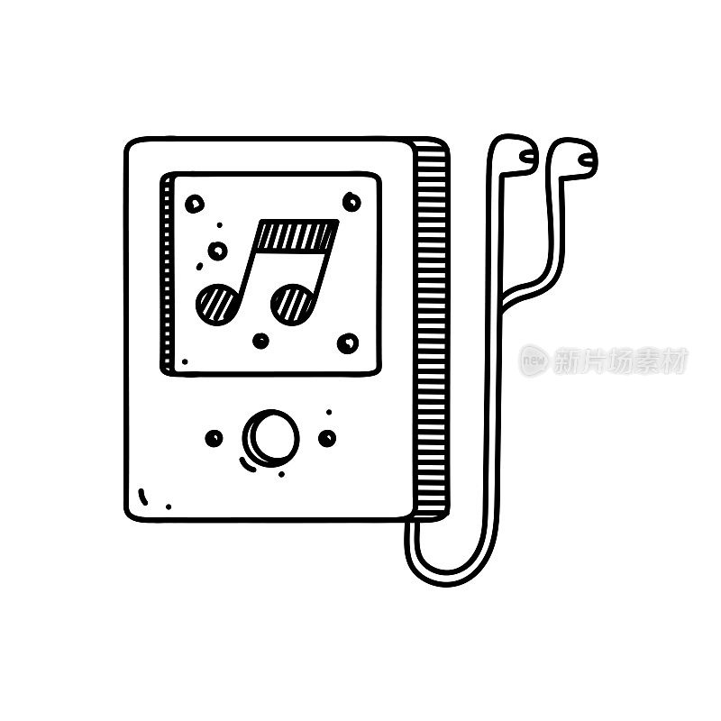 Mp3播放器线图标，素描设计，像素完美，可编辑的笔画。音乐，娱乐，音频，电影，多媒体。