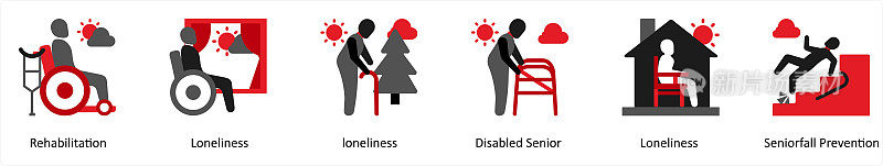 六个红色和黑色的混合图标分别是康复、孤独、残疾老人