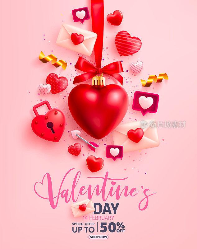 情人节销售横幅与甜蜜的心和情人节元素的粉红色背景。促销和购物模板的爱情和情人节的概念。