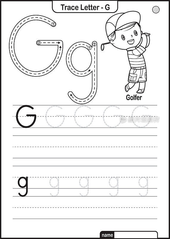 字母跟踪字母A到Z学龄前工作表与字母G高尔夫球亲矢量