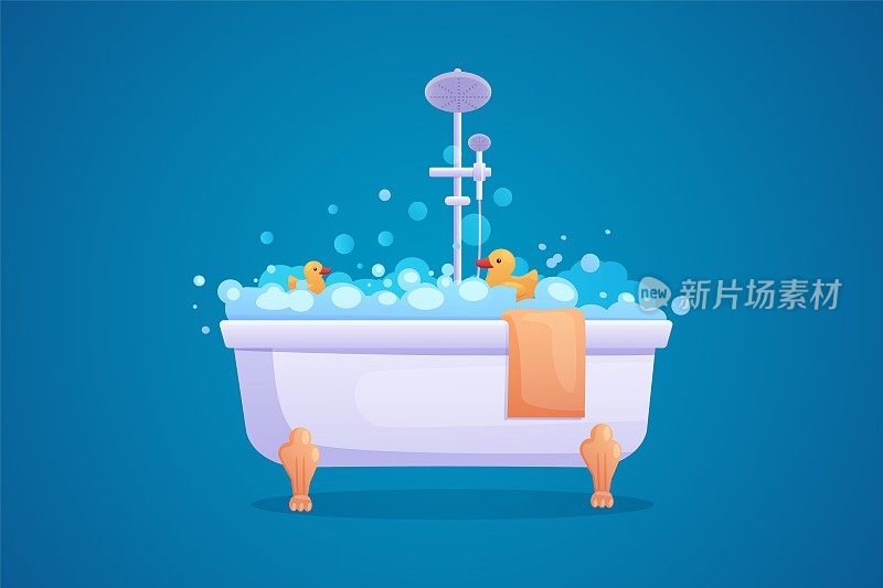 浴缸卡通平面造型，泡泡泡沫，浴巾和黄色可爱的淋浴橡皮鸭。浴室洗漱，浴缸热水加肥皂，放松时间。矢量最近说明孤立对象