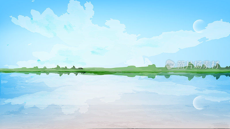 自然景观矢量。湖泊全景与水彩纹理。