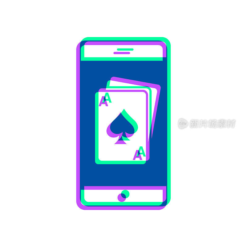 带扑克牌的智能手机。图标与两种颜色叠加在白色背景上