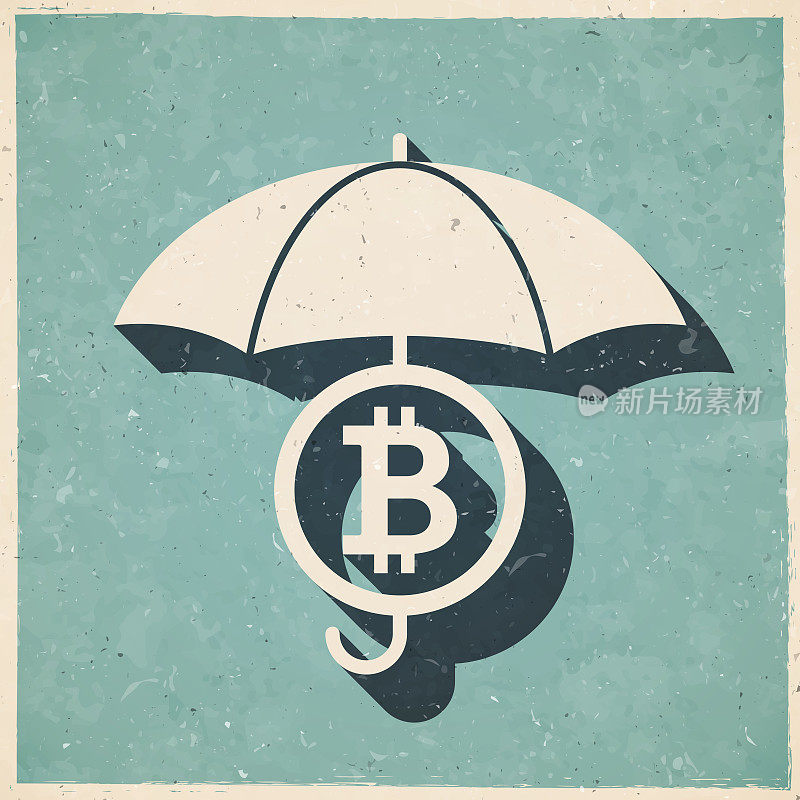 比特币在保护伞下。图标复古复古风格-旧纹理纸