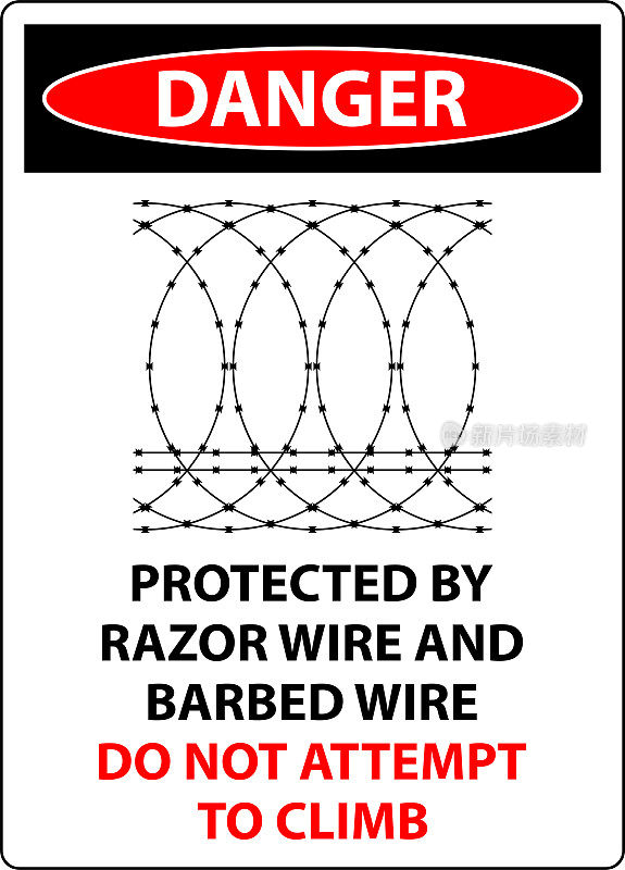 危险有铁丝网及刺铁丝网保护，请勿攀爬标志