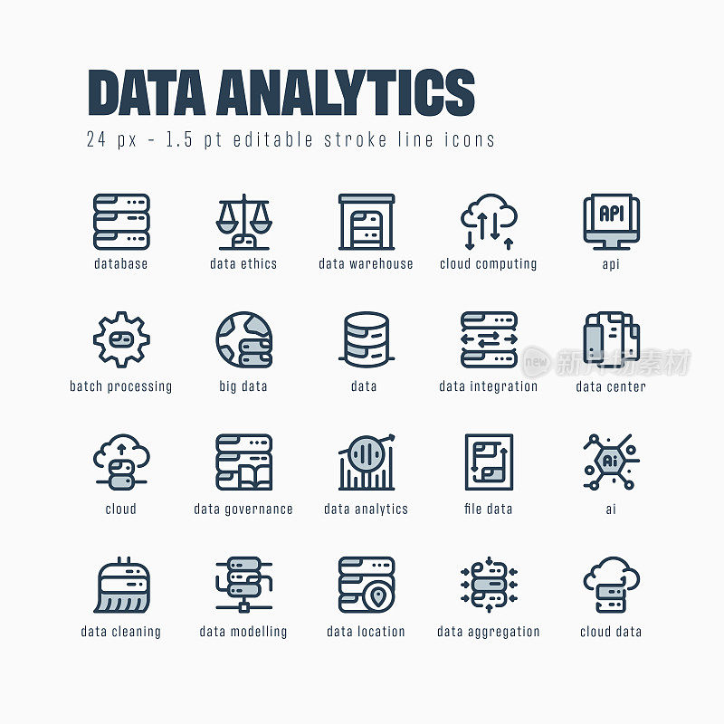 数据分析线图标集。可编辑的中风。像素完美。