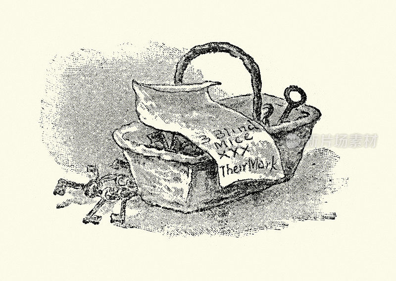 带钥匙的篮子，篮子，三只瞎老鼠，维多利亚儿童读物插图，19世纪