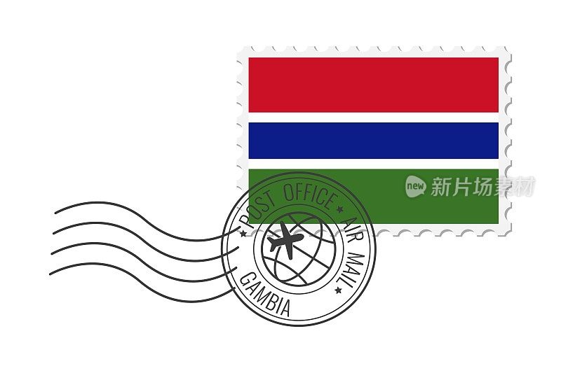 冈比亚邮票。明信片矢量插图与冈比亚国旗隔离在白色背景上。