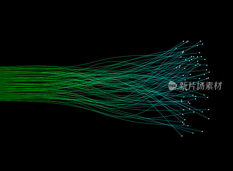 一束绿色的玻璃通信纤维向右扇形展开，每根都以发光的白光结束