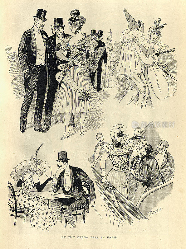 巴黎歌剧院舞会上的素描，法国，男人女人穿着奇装异服，晚礼服，19世纪90年代维多利亚时代