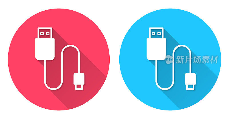 USB电缆。圆形图标与长阴影在红色或蓝色的背景