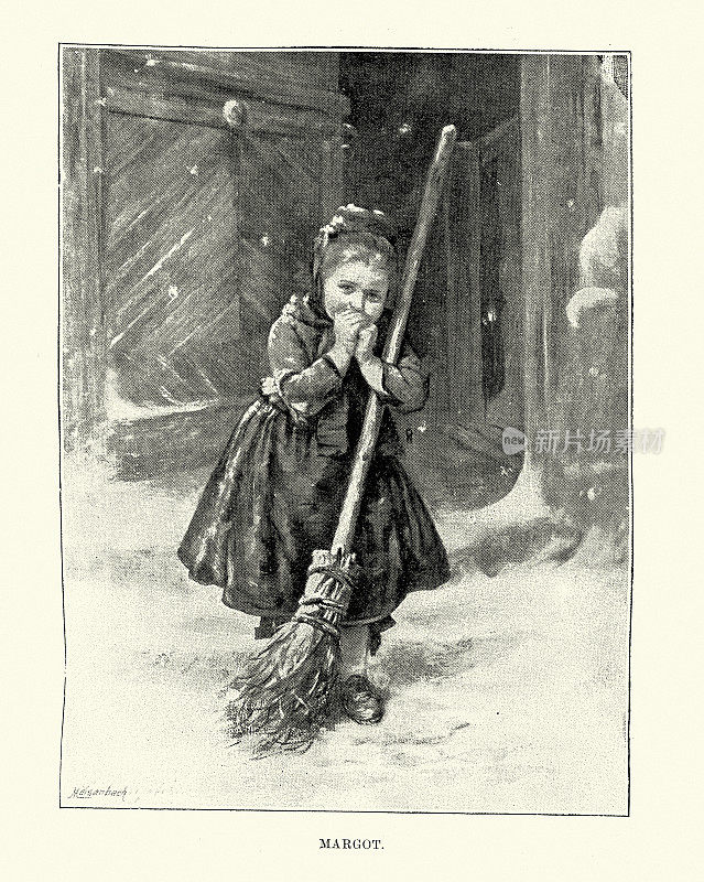 复古插图小女孩用扫帚从门口扫雪，维多利亚艺术19世纪90年代，19世纪