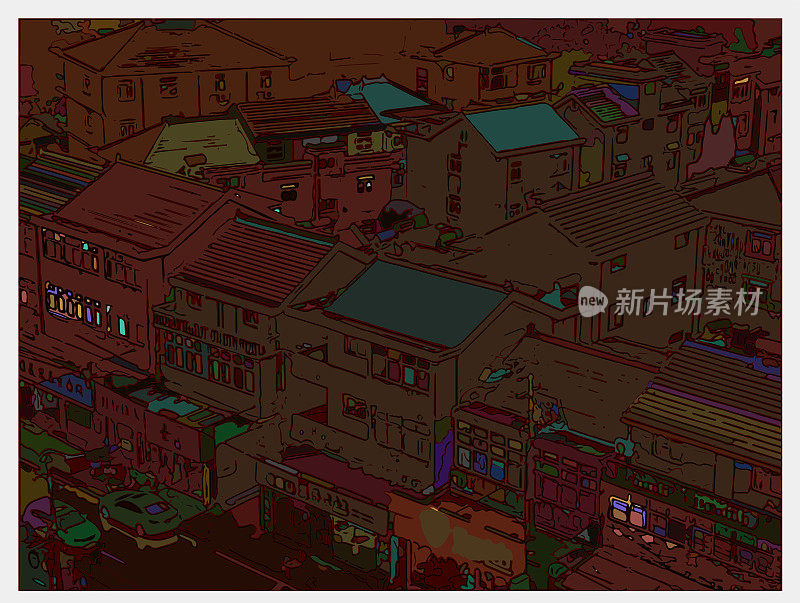 色彩勾勒式卡通插画，鸟瞰中国传统民居场景