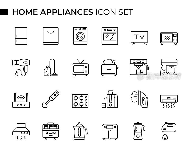 家用电器概念细线图标集包含冰箱、洗碗机、洗衣机、烤箱、电视、微波炉、吹风机、吸尘器、烤面包机等图标
