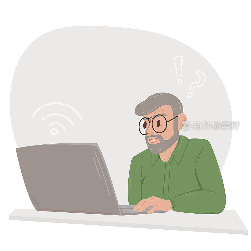 白发苍苍的老头拿着笔记本电脑坐着