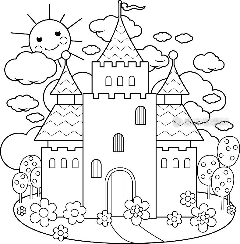 童话城堡和鲜花涂色页