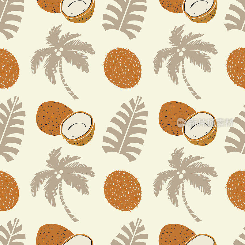 棕榈树，树叶，椰子的无缝图案