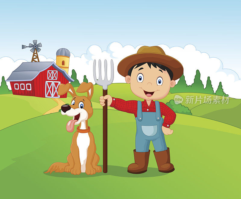 卡通小男孩和狗在农场