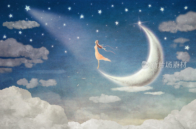 月亮上的女孩在欣赏夜空
