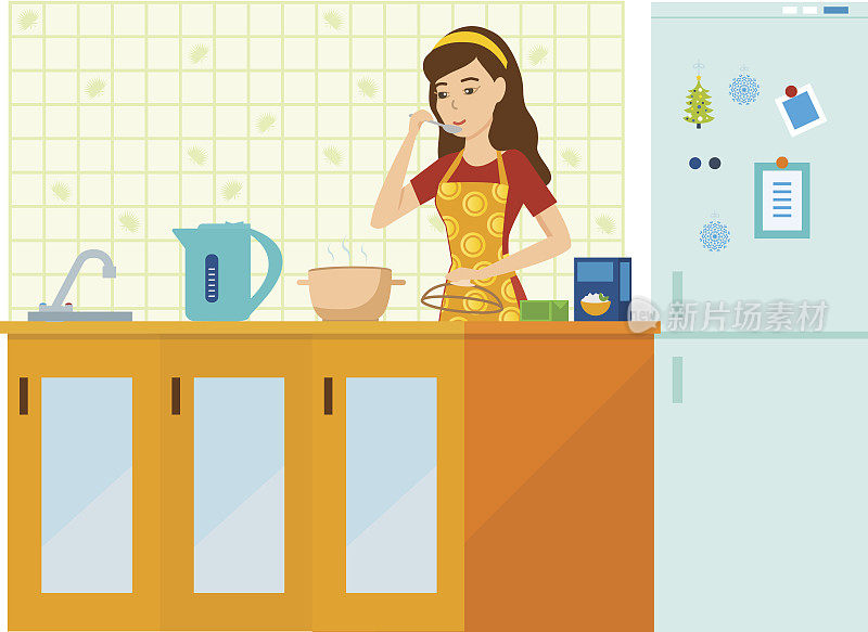 妇女家庭主妇在厨房里忙着做饭。