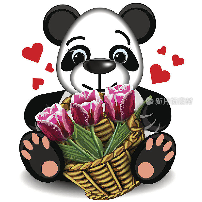 毛绒玩具熊猫和一篮郁金香