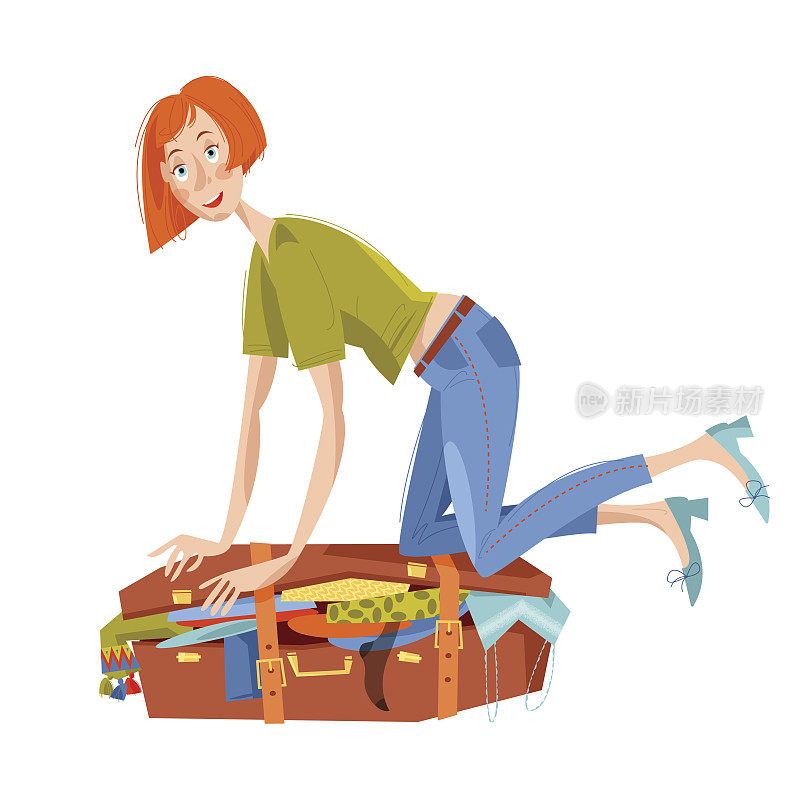 一个年轻女子坐在溢出的行李箱上试图合上它。为旅行做准备。旅行的概念。