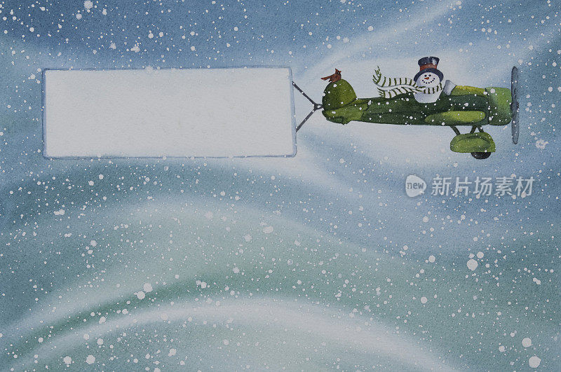 雪人用一条空白横幅驾驶飞机