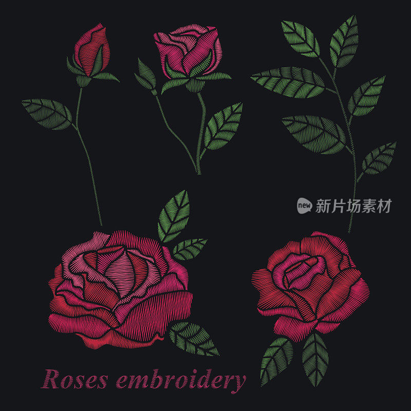 玫瑰刺绣。红色的花朵刺绣在黑色的背景。