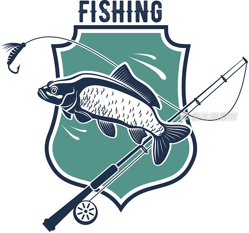 钓鱼矢量与鲤鱼的图标，钓竿钓具