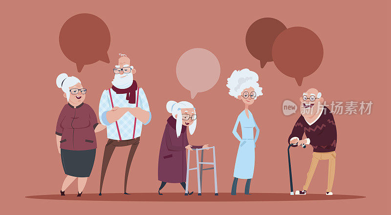 一群老年人与聊天泡泡与手杖行走现代祖父和祖母全长