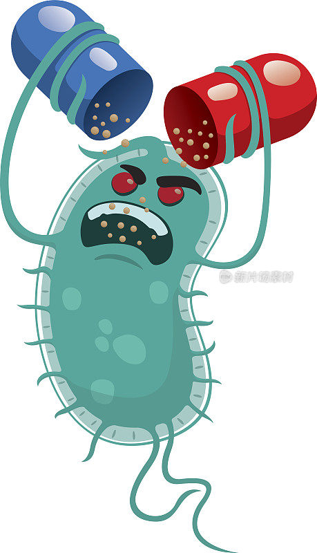 插图描绘了一个超级细菌，一个微生物，抗药性或抗生素。理想的信息和药用材料